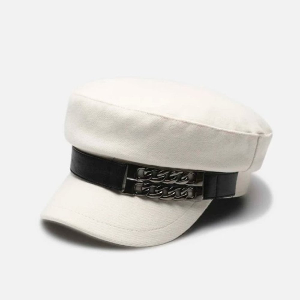White Women's Beret Hat w/ Chain Decorated Peaked Cap Newspaper Hat Vintage - Picture 8 of 10